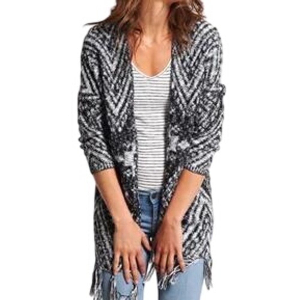 Hollister Boho Black White Geometric Fringe Open Front Cardigan Sweater M